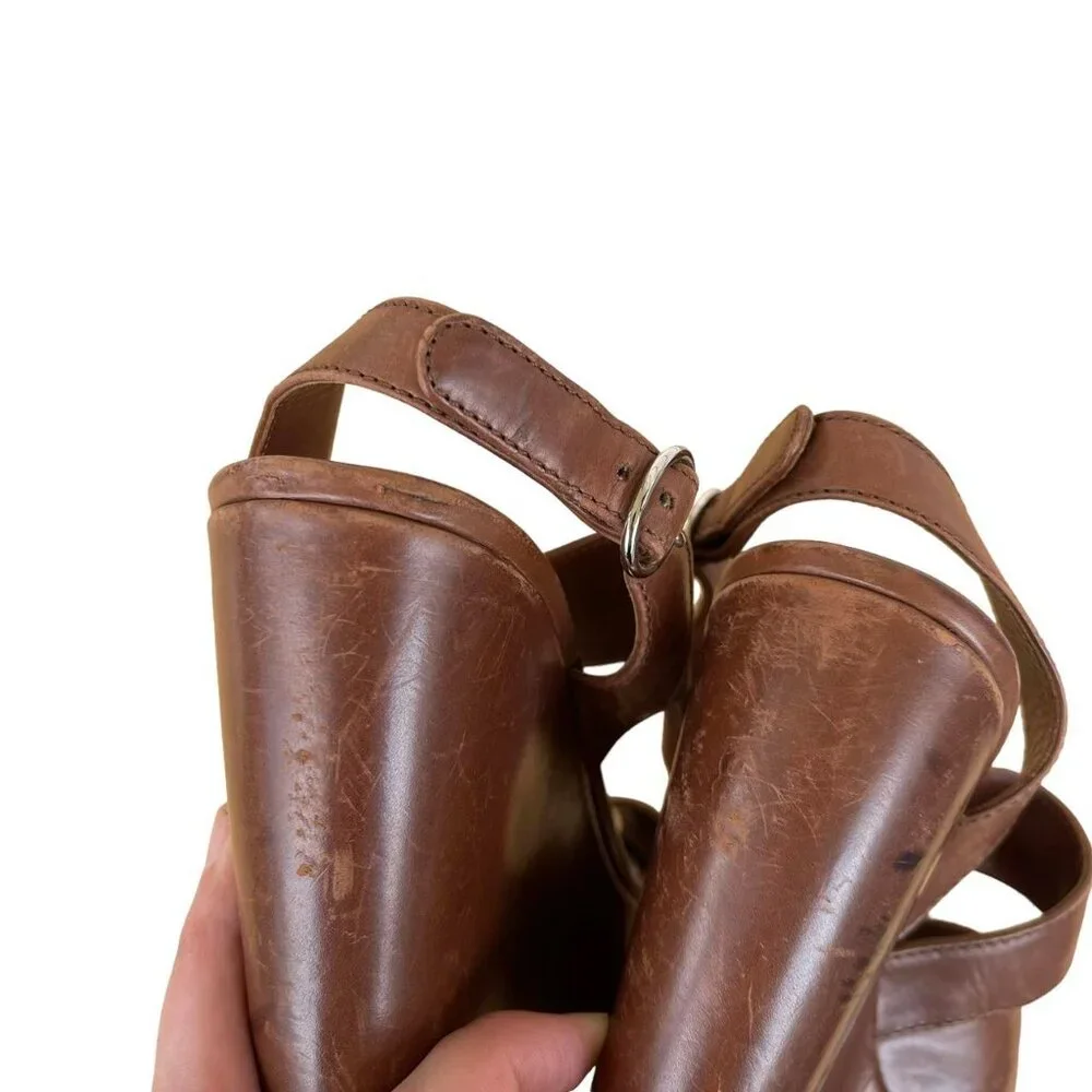 Prada Brown Leather Platform Wedge Sandals Open Toe Slingback Size 37